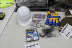 lot 157 image: Lot of Safety Gear - OccuNomix Seriously Cool #969 Mira Cool Deluxe Hard Hat Pad with Neck Shade, Hard Hat, Work Gloves, Safety Glasses (new)