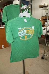 lot 192 image: Lot of (2) Delta Pro Weight T-Shirt Mens Large 100% Cotton Green with Minnesota North Star State 1858 Logo (new)