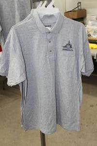 lot 184 image: Lot of (3) Gildan DryBlend Polo Knit Shirt Mens X-Large 50% Cotton 50% Polyester Grey with Minnesota Logo (new)