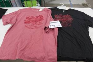 lot 238 image: Lot of (2) Chroma Zone,Next Level T-Shirt X-Large, 2X-Large 100% Cotton RedRed, BlackRed with Minnesota 1858 Northwoods Logo (new)