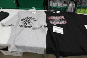 lot 241 image: Lot of (2) Alstyle,Noble Wear T-Shirt 3X-Large, 4X-Large 100% Cotton Grey, Black with Minnesota 1858 Lake Country Logo (new)