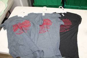 lot 240 image: Lot of (3) Gildan,Next Level T-Shirt Small 100% Cotton GreyRed (x2), BlackRed (x1) with Minnesota 1858 Northwoods Logo (new)