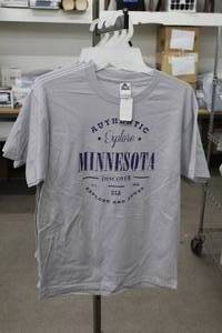 lot 244 image: Lot of (4) Alstyle T-Shirt Large (x3), Medium (x1) 100% Cotton GreyPurple with Explore Minnesota Logo (new)