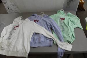 lot 281 image: Lot of (3) Rag Wear U.S.A. Zip-Up Hooded Sweatshirt Womens Small 65% Cotton 35% Polyester White, Blue, Green with Minnesota Logo (new)