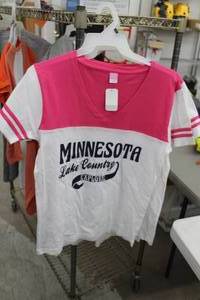 lot 278 image: Lot of (4) T-Shirt (new) - LAT Minnesota Lake Country Short Sleeve 2X-Large PinkWhite (x3), Alternative Earth Minnesota Lake Country Long Sleeve Baseball X-Large OrangeWhite