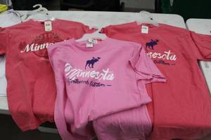 lot 262 image: Lot of (5) T-Shirt (new) - Fruit of the Loom HD Cotton Minnesota Northwoods Outfitters Medium Pink (x4), Comfort Colors Minnesota 1858 Small Coral (x1) Womens