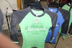 lot 295 image: Lot of (2) Rag Wear U.S.A. Baseball Long Sleeve T-Shirt Small 100% Cotton GreenBlack, BlueBlack with Minnesota 1858 Logo (new)