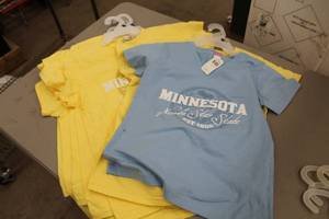 lot 259 image: Lot of (7) LAT,Alstyle T-Shirt Womens Small 100% Cotton Yellow (x6), Blue (x1) with Minnesota North Star State 1858 Logo (new)