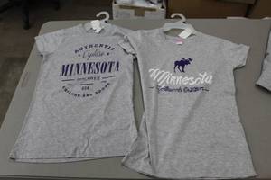 lot 297 image: Lot of (2) LAT T-Shirts - Explore Minnesota, Minnesota Northwoods Outfitters Womens Medium 100% Cotton Grey (new)