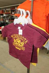 lot 302 image: Lot of (6) Gilden Heavy Cotton T-Shirt Youth X-Small 100% Cotton Burgundy (x4), Yellow (x2) with Minnesota Outfitters Logo (new)