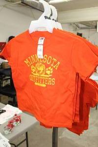 lot 303 image: Lot of (8) Fruit of the Loom Heavy Cotton T-Shirt Youth Small 6-8 Flame Resistent 100% Cotton Orange with Minnesota Outfitters Logo (new)