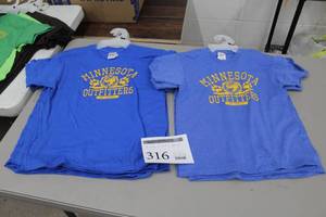 lot 316 image: Lot of (8) Gilden,Delta  Pro Weight, Heavy Cotton T-Shirt Youth Medium 100% Cotton Blue with Minnesota Outfitters Logo (new)