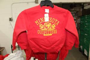 lot 331 image: Lot of (3) Gilden Heavy Blend Sweat Shirt Youth X-Small 100% Cotton Red with Minnesota Outfitters Logo (new)