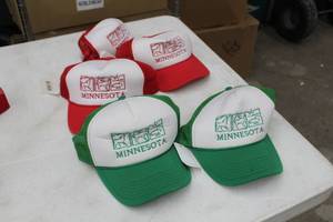 lot 336 image: Lot of (5) Baseball Cap GreenWhite (x2), RedWhite (x3) with Minnesota Logo (new)