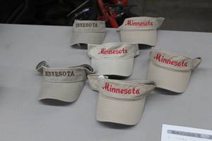 lot 383 image: Lot of (6) Rivers End Trading Company Tennis Visor Cap One Size Tan with Minnesota Logo (new)