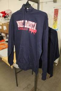 lot 430 image: Hooded Sweatshirt X-Large 80% Cotton 20% Polyester Dark Blue with North Dakota Legendary Bison Logo (new)
