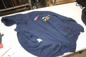 lot 444 image: Key FR FlameOut Pullover Sweatshirt Medium Flame Resistent 75% Modacrylic 25% Cotton Fleece Blue with Rockin the Bakken Logo (new)