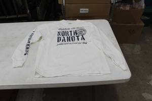 lot 459 image: Lot of (5) Pacific & Maine, Cabelas Long Sleeve T-Shirt Medium (x4), Large (x1) White with North Dakota 1000000 Barrels a Day April 2014 Logo (new)