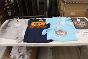 lot 457 image: Lot of (5) Long Sleeve (x1), Short Sleeve (x4) Small,Medium,Large Light Blue, Dark Blue, Brown, Gray with North Dakota Logo (new)