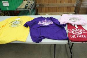 lot 452 image: Lot of (4) T-Shirt Womens 2X-Large (x2), 3X-Large (x2) Yellow,Purple,Pink,Red with North Dakota Logo (new)