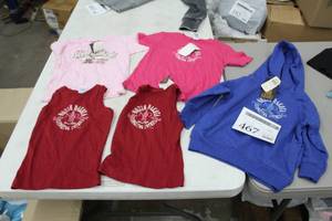 lot 467 image: Lot of (5) Clothing - T-Shirt (x4), Hooded Sweatshirt (x1) Youth 4,4,5 Red,Dark Pink, Light Pink, Dark Blue with North Dakota Since 1951 Energizing America Logo (new)