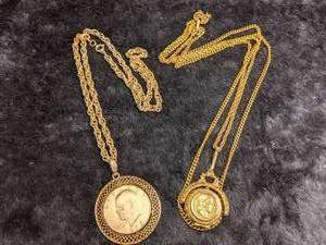 lot 262 image: Vintage Eisenhower Gold $1 Coin Necklace and Gold Locket Necklace