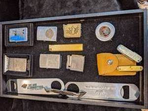 lot 275 image: Lot of Lighters Incl. Zippo, Bottle Openers Budweiser and Hamms, Pocket Knife Set and Measuring Tape