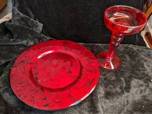 lot 284 image: Red Platter and Candy Dish or Candle Holder