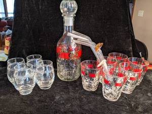 lot 41 image: Vintage Crystal Bar Glasses and Red Decanter with Matching Glasses