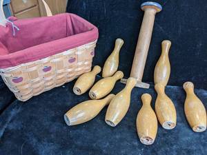 lot 34 image: Wood Spool and Bowling Pins in Basket