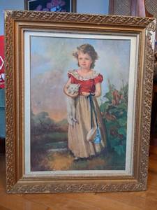lot 38 image: Vintage Victorian Artwork Girl with Cat in Old Wood Frame