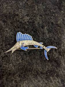 lot 207 image: 1930s Sterling Silver, Marcasite and Cobalt Blue Enamel Swordfish Brooch