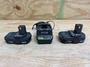 lot 25 image: RYOBI Lot of 2-  18v Batteries (1.5Ah) with an 18v Charger