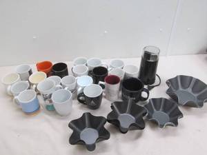 lot 118 image: Coffee mugs, shell pans, bean grinder