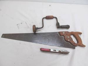 lot 167 image: Vintage level, saw, drill