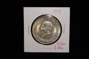 1951 Mexican Silver 5 Peso Coin