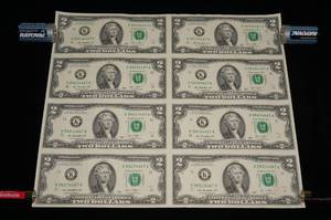 Uncut Sheet of 8 US $2 Bills