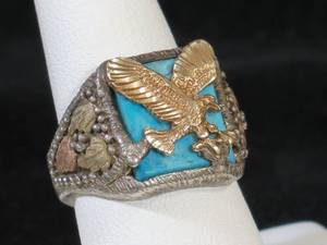 Mens Sterling Silver Ring - Turquoise Stone, Gold Accents