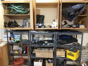 lot 301 image: Lot of Garage Items Includes Three Shelves