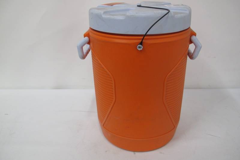 lot 85 image: 5 Gal. Rubbermaid Orange Water Cooler with Cup Dispenser