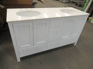 lot 708 image: Horizon 60-inch Double Vanity with Carrara Marble Top - Cracked Bowl