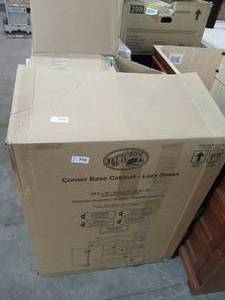 lot 716 image: Hampton Bay Madison Assembled 28.5x34.5x28.5 in. Corner Base Cabinet with Lazy Susan in Chestnut