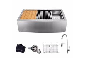 lot 720 image: Glacier Bay All-in-One Apron-Front Farmhouse Stainless Steel 33 in. 5050 Double Bowl Workstation Sink with Faucet and Accessories