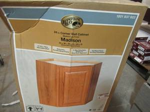 lot 725 image: Hampton Bay Madison Assembled 24x30x24 in. Corner Wall Cabinet in Medium Oak Finish