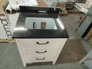 lot 730 image: Avanity Delano (single) 25-Inch White Vanity Cabinet w Black Granite CountertopBacksplash and White Oval Sink