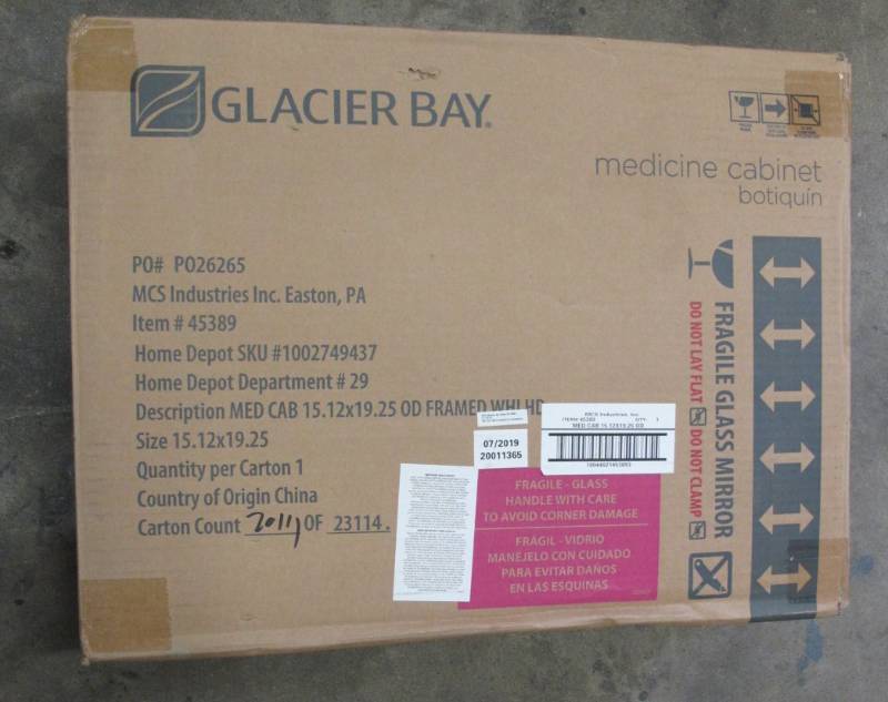 lot 57 image: Glacier Bay 15-18 in. W x 19-14 in. H Framed Recessed or Surface-Mount Bathroom Medicine Cabinet in White