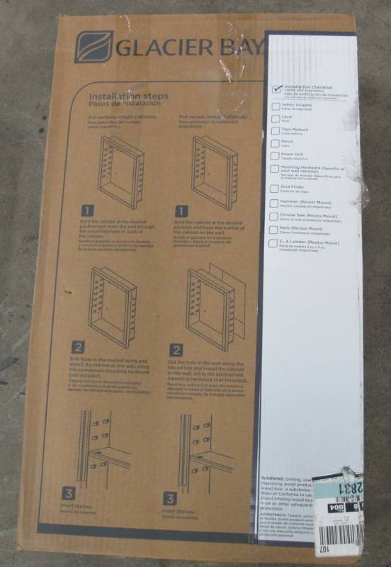lot 74 image: Glacier Bay 16 in. W x 25-78 in. H x 4-12 in. D Recessed or Surface Mount Frameless Beveled Bathroom Medicine Cabinet