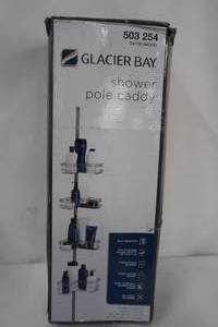 lot 55 image: Glacier Bay L Style Tension Corner Pole Caddy in Satin Nickel with 4 Shelves