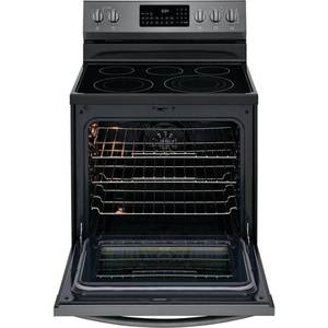 Frigidaire Gallery 30-in Smooth Surface 5 Elements 5.7-cu ft Self-Cleaning Air Fry Convection European Element Freestanding Electric Range (Smudge-Proof Black Stainless Steel), GCRE3060AD