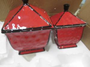 lot 88 image: 2 Textured Ceramic Red Canisters...